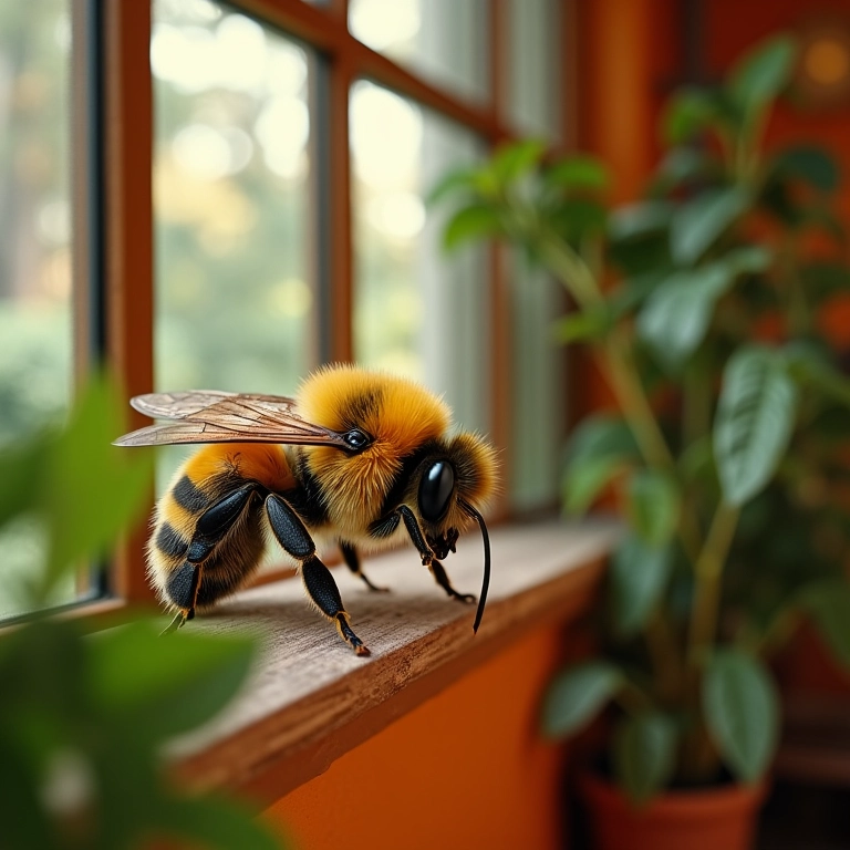 Abelha dentro de casa, perto da janela, em ambiente colorido.