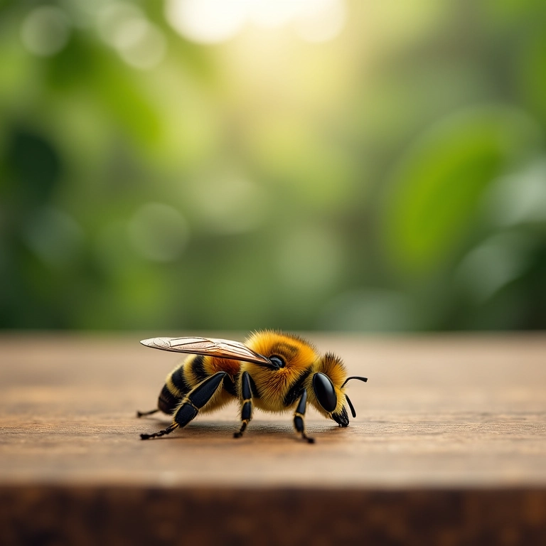 Abelha morta sobre mesa de madeira, paisagem brasileira ao fundo.