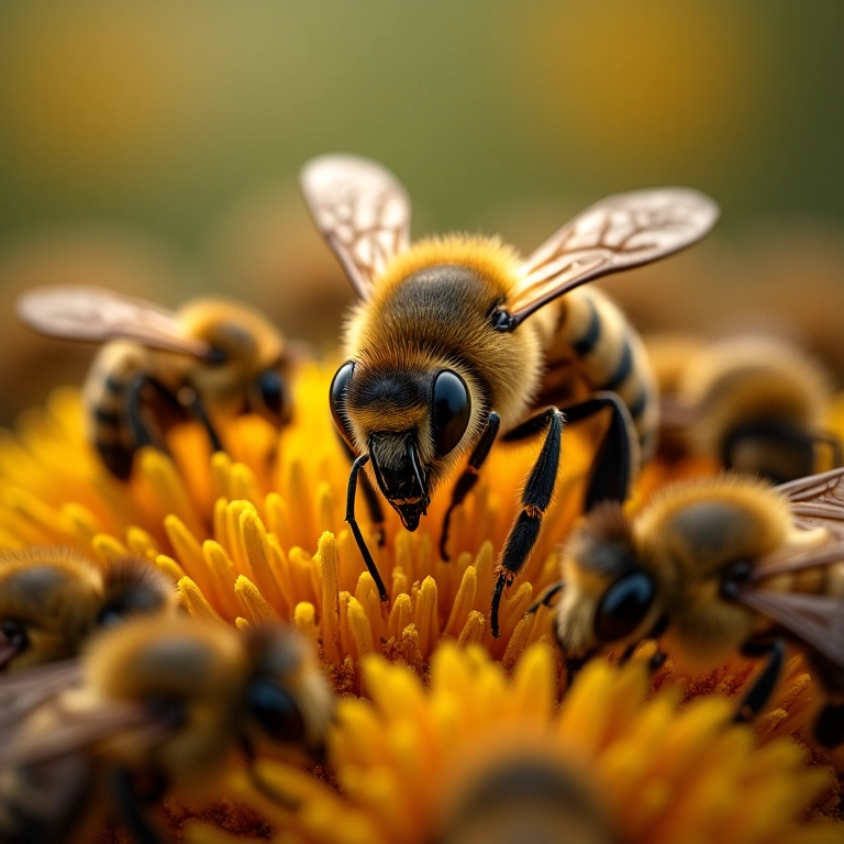 Abelha rainha cercada por outras abelhas, ambiente de colmeia.