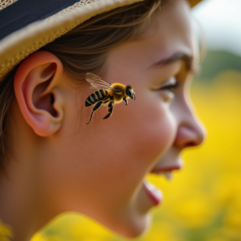 Abelha voa perto do ouvido de uma mulher, causando surpresa.