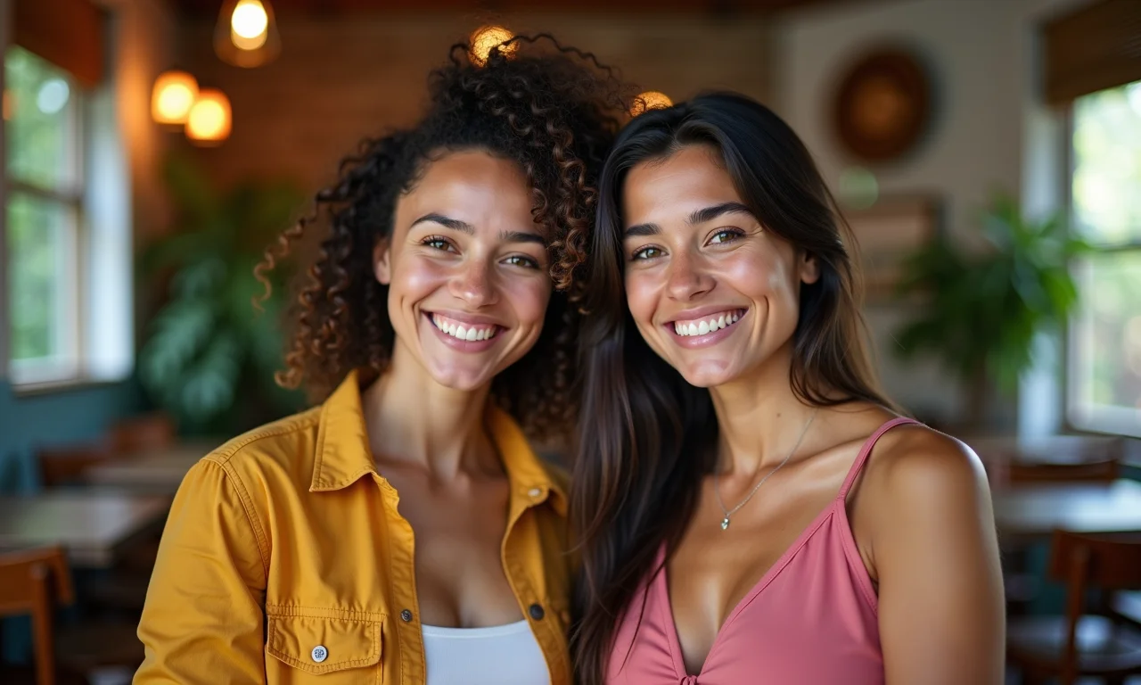 Amigas sorrindo em café brasileiro, uma grávida, mostrando apoio.