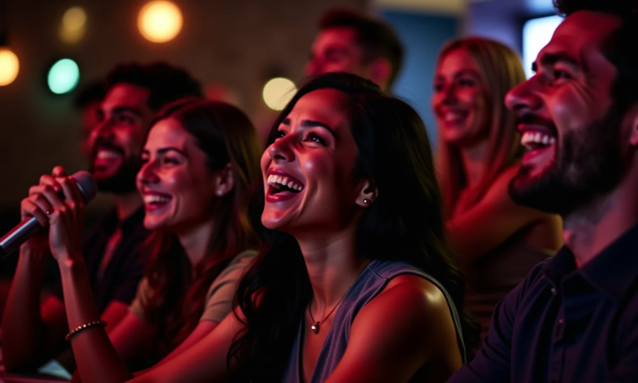 Amigos assistindo a apresentações em um karaokê animado, compartilhando risadas e alegria.