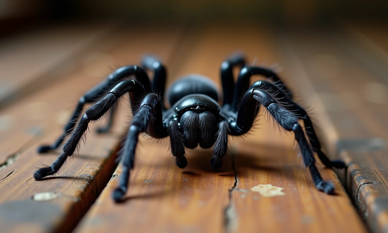 Aranha preta grande em piso de madeira rústica.