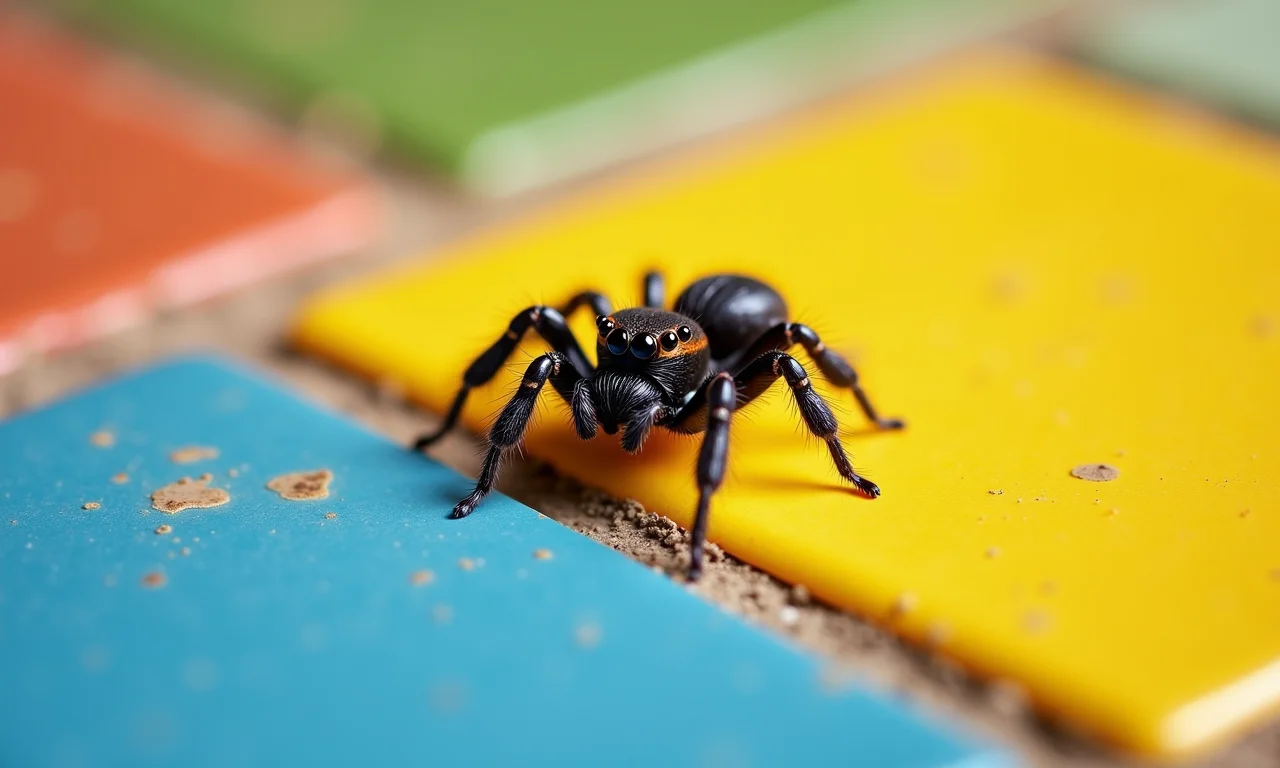 Aranha preta pequena rastejando em azulejo colorido.
