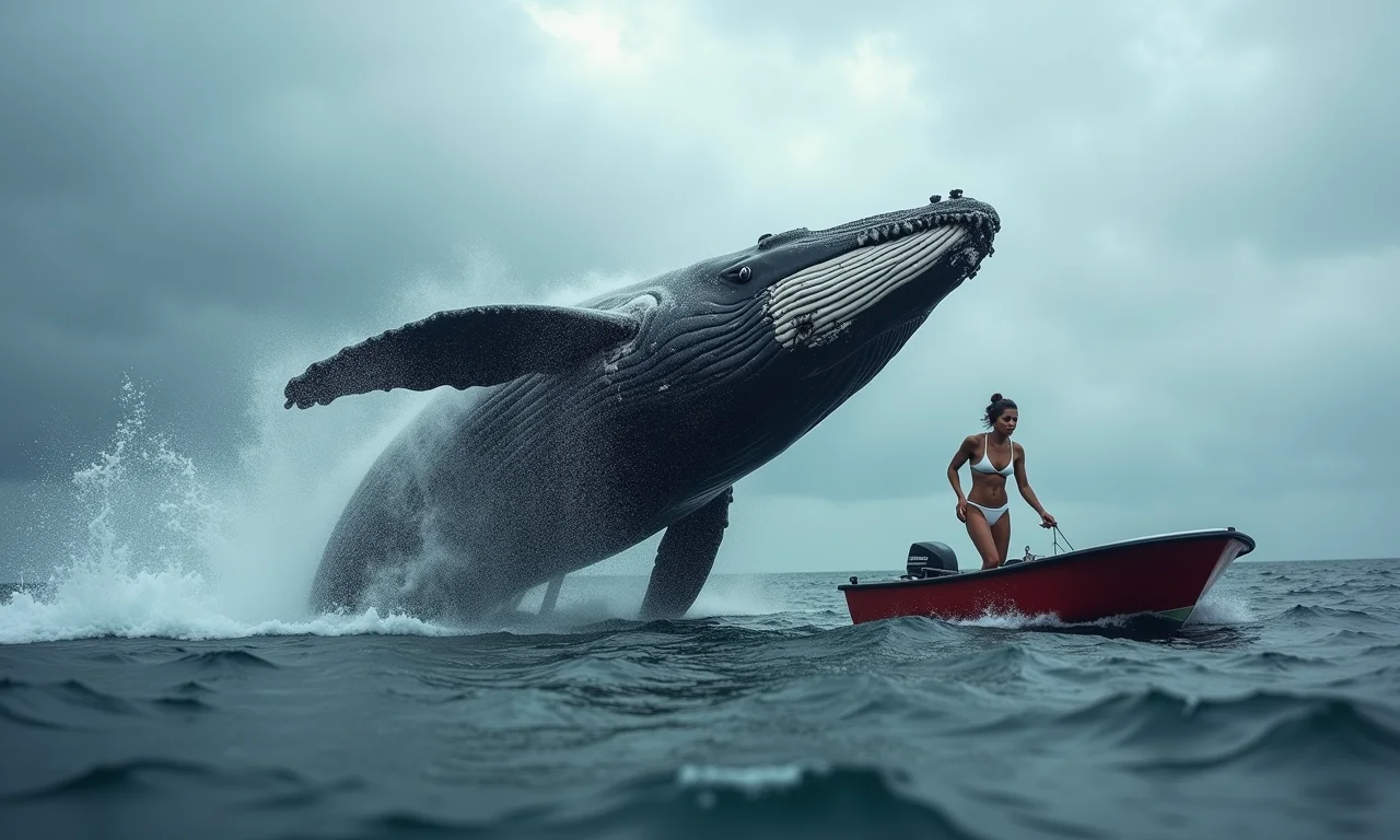 Baleia atacando um barco, com uma mulher aterrorizada a bordo em um mar tempestuoso.