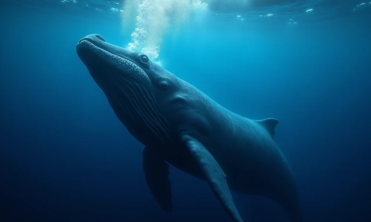 Baleia cantando no oceano profundo, com bolhas e plâncton bioluminescente.