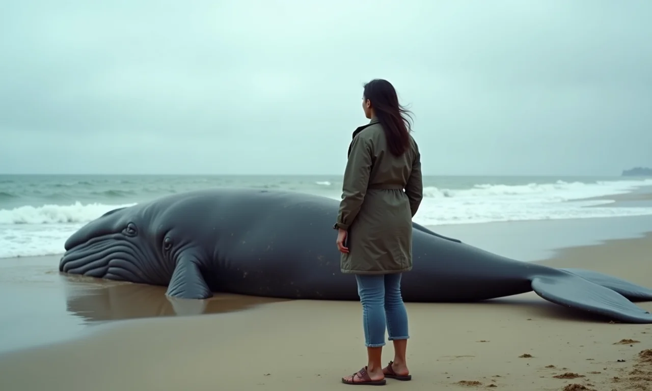 Baleia encalhada na praia, com uma mulher preocupada observando.