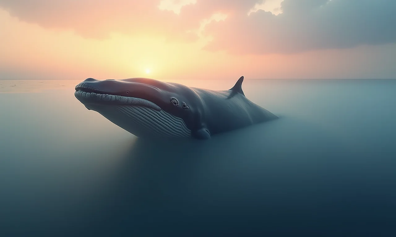 Baleia gigante emerge das profundezas oceânicas em um sonho, com o nascer do sol ao fundo.