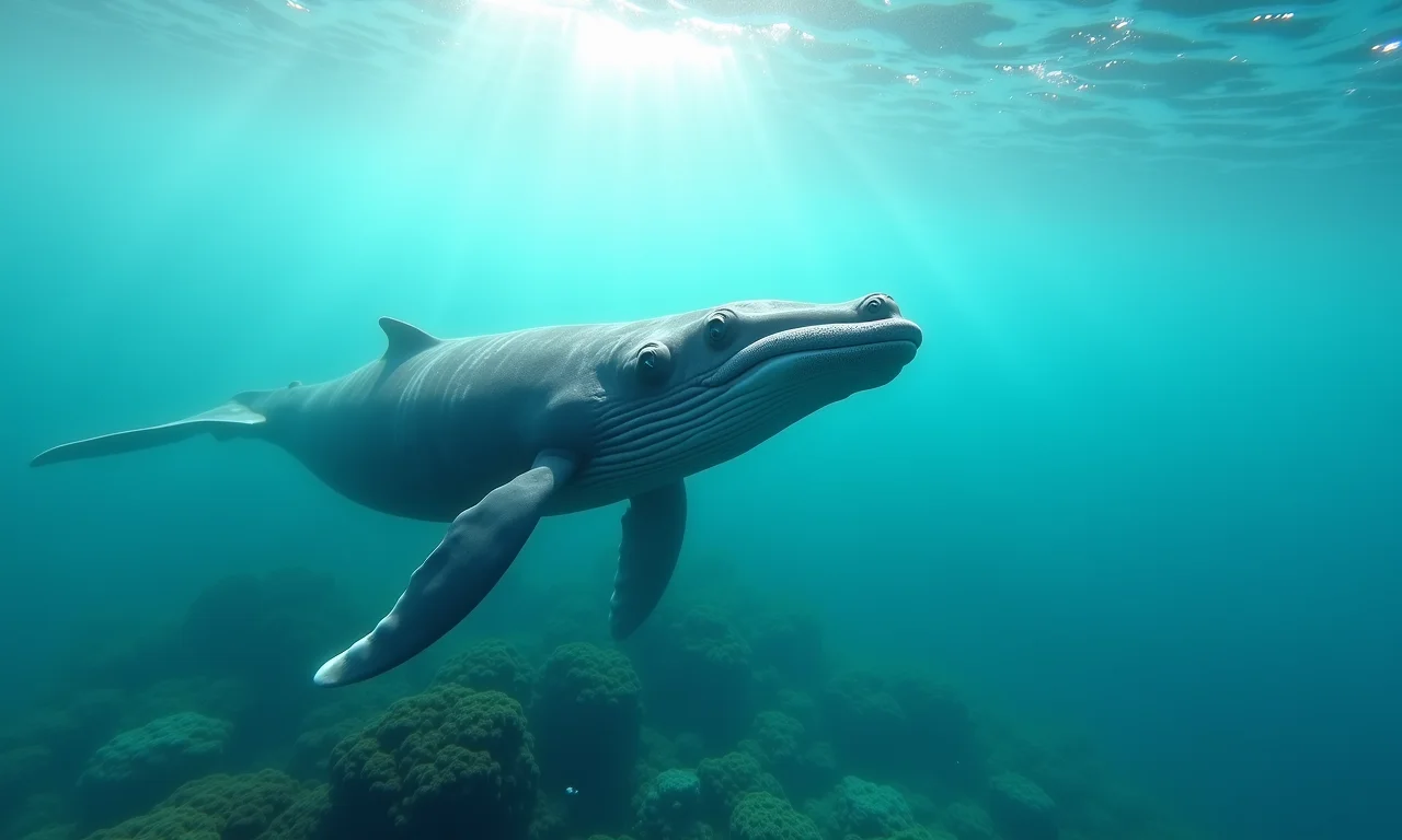 Baleia nadando em águas calmas e cristalinas, com recifes de corais visíveis.