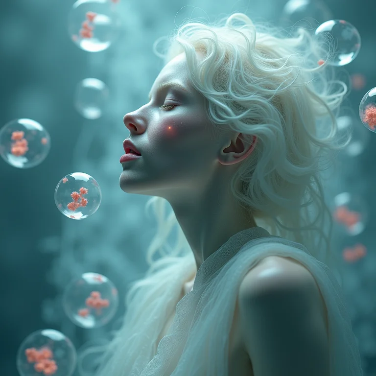 Bolinhas translúcidas contendo doenças em miniatura cercando uma pessoa: símbolo de imunidade baixa.