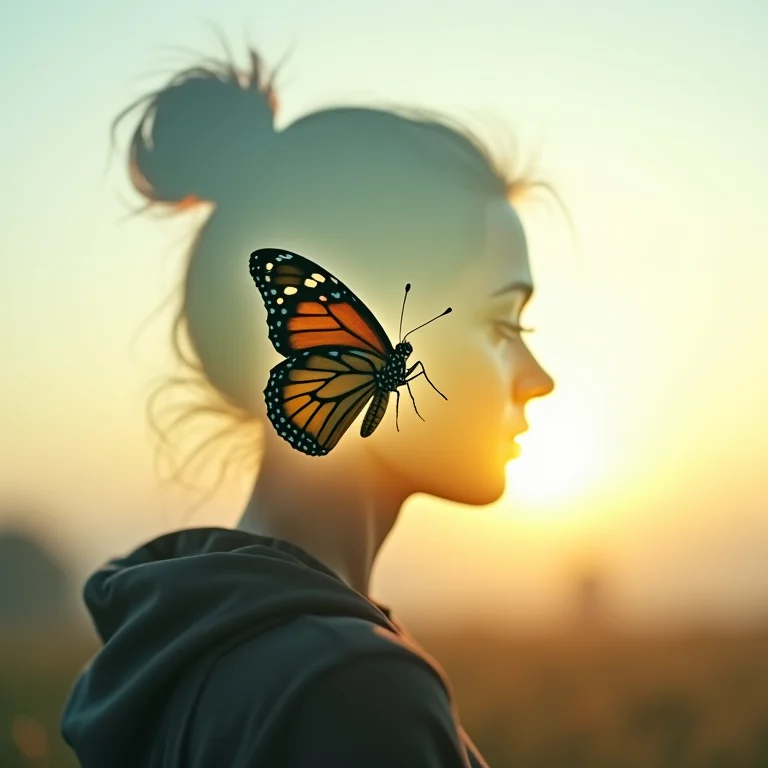 Borboleta emergindo como símbolo de transformação em sonho.