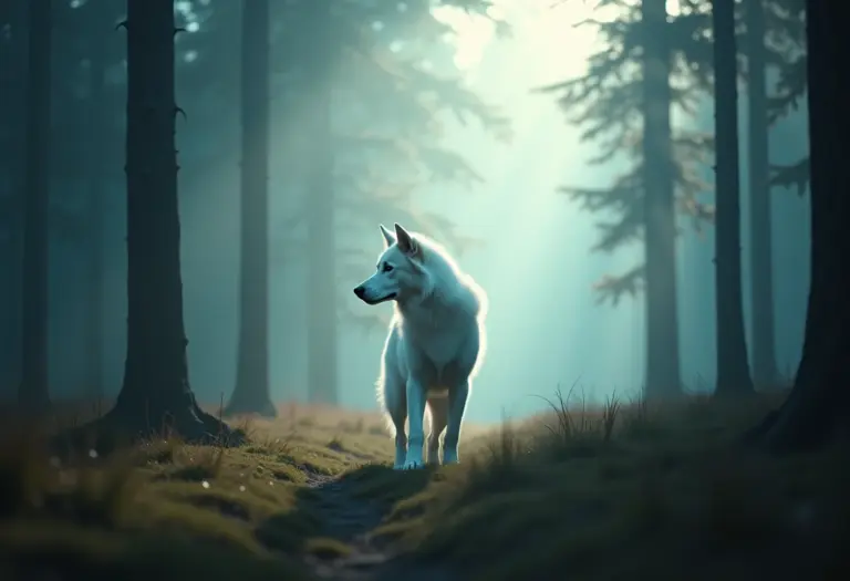 Cachorro branco em névoa: pureza e proteção nos sonhos