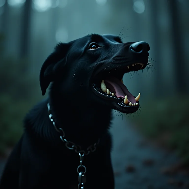 Cachorro preto bravo rosnando, representando raiva reprimida e perigo iminente.
