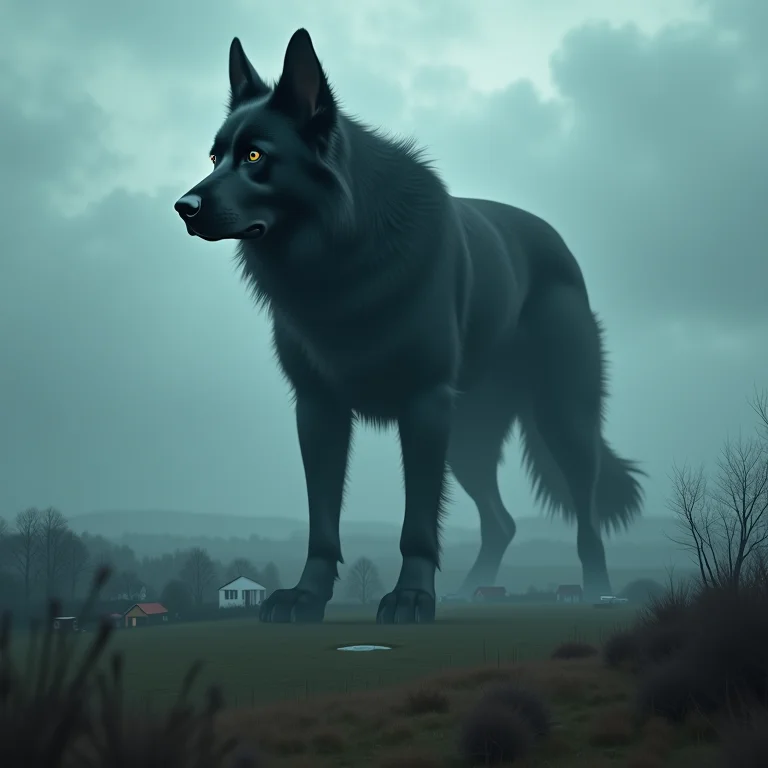 Cachorro preto gigante protegendo cidade, representando poder e proteção excessiva.