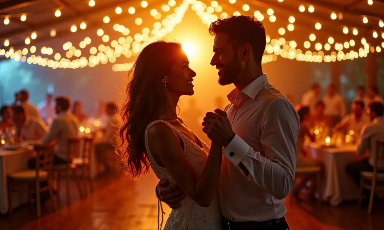 Casal brasileiro dançando em festa de casamento.