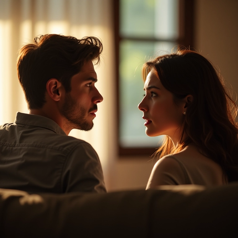 Casal conversa seriamente em sala iluminada, expressões preocupadas, arte brasileira.