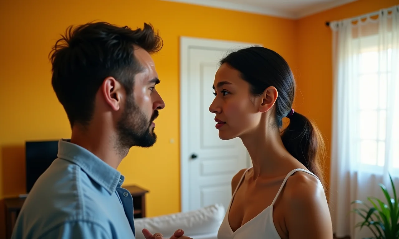 Casal discutindo em apartamento brasileiro com ambiente tenso.