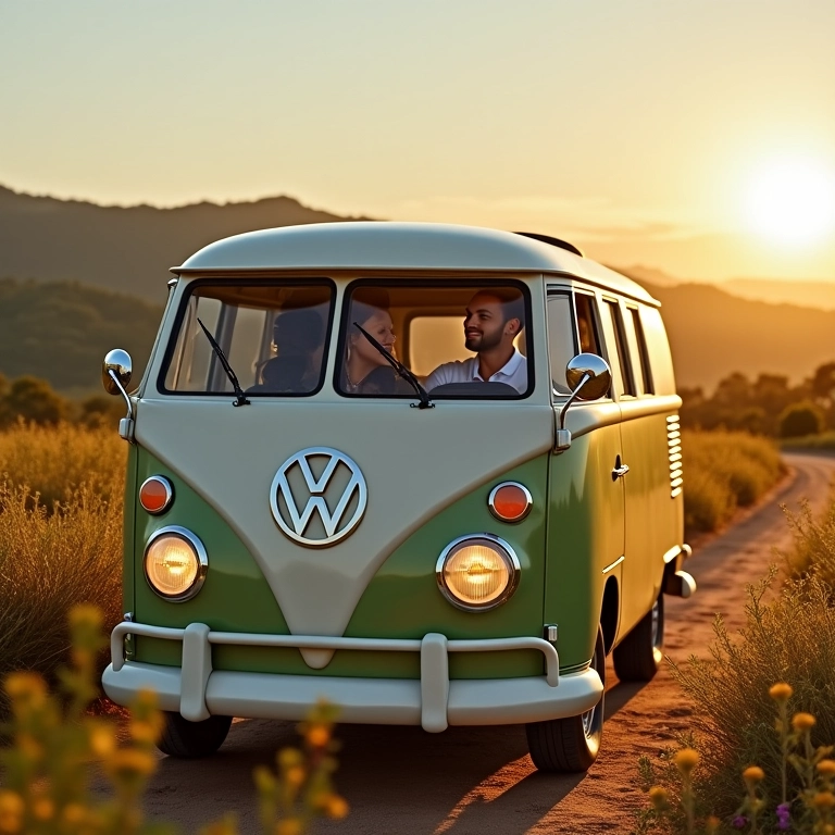 Casal em Kombi vintage sonhando com viagem de carro em paisagem brasileira.