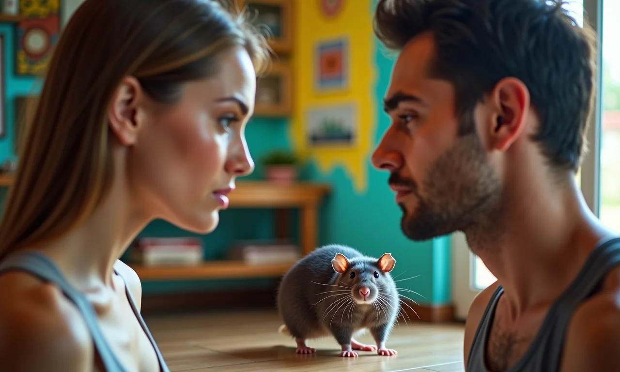 Casal tenso com rato entre eles, representando problemas de relacionamento.