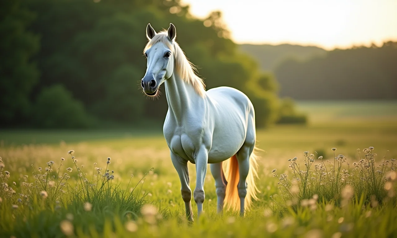 Cavalo branco em campo verde com flores, simbolizando paz e pureza.