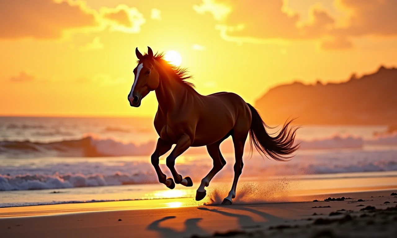 Cavalo correndo livremente na praia ao pôr do sol, simbolizando liberdade e força.