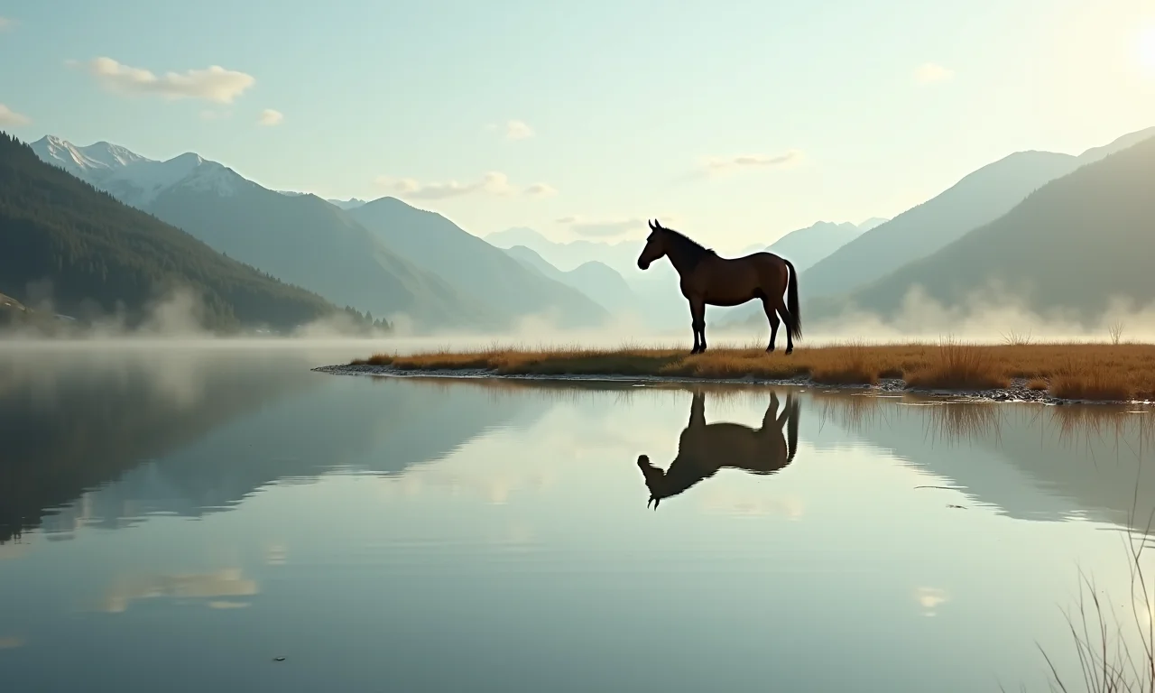 Cavalo parado refletido em lago, simbolizando reflexão e paciência.