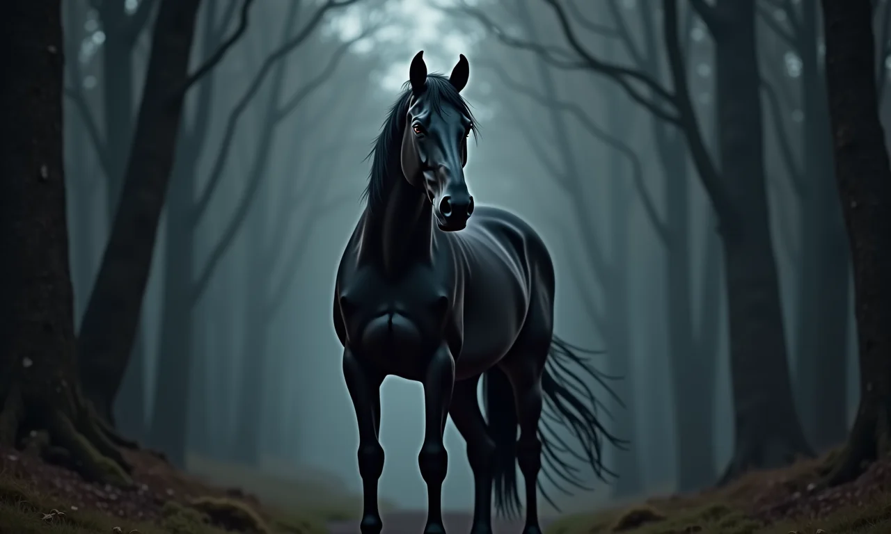 Cavalo preto em floresta escura, representando mistério e intensidade.