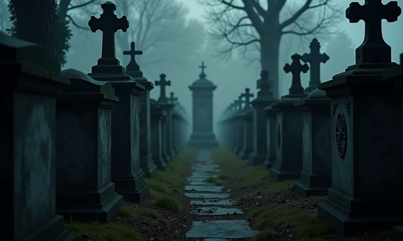 Cemitério com túmulos abertos, evocando medo do desconhecido.
