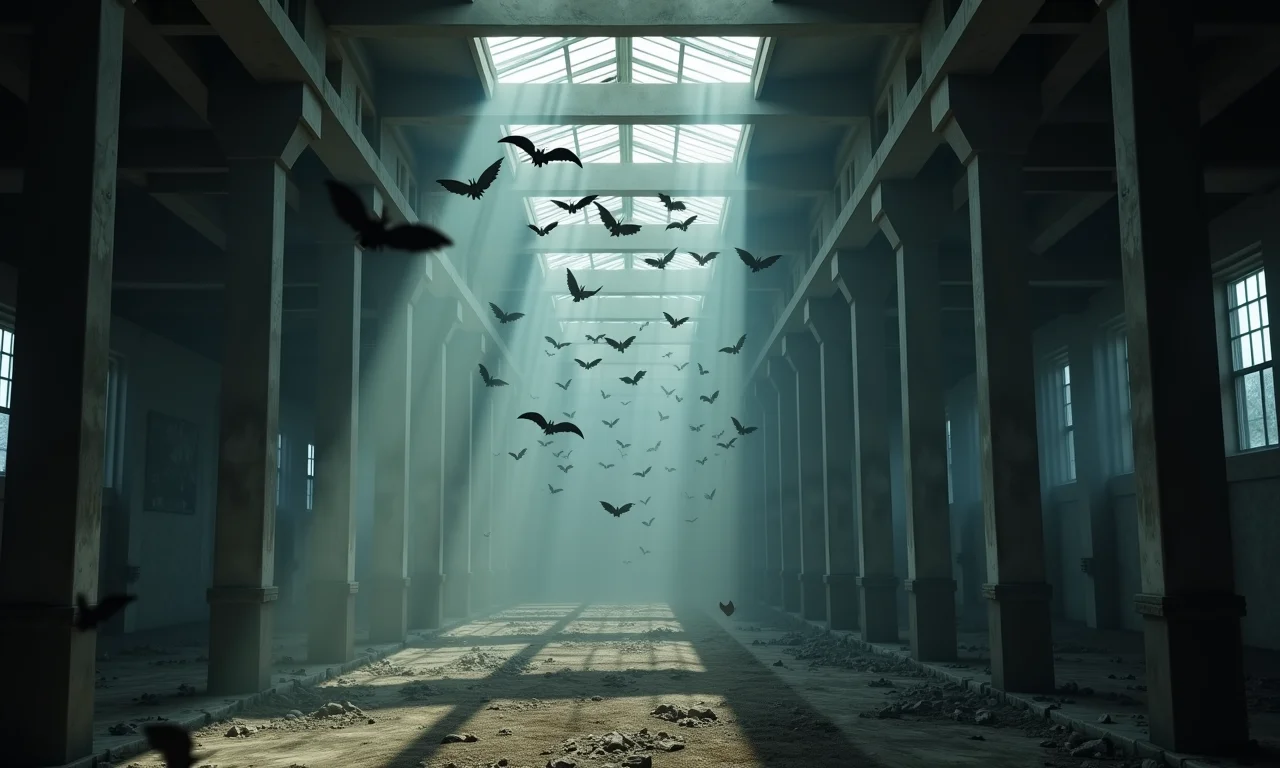 Cena caótica de muitos morcegos voando em um armazém abandonado.