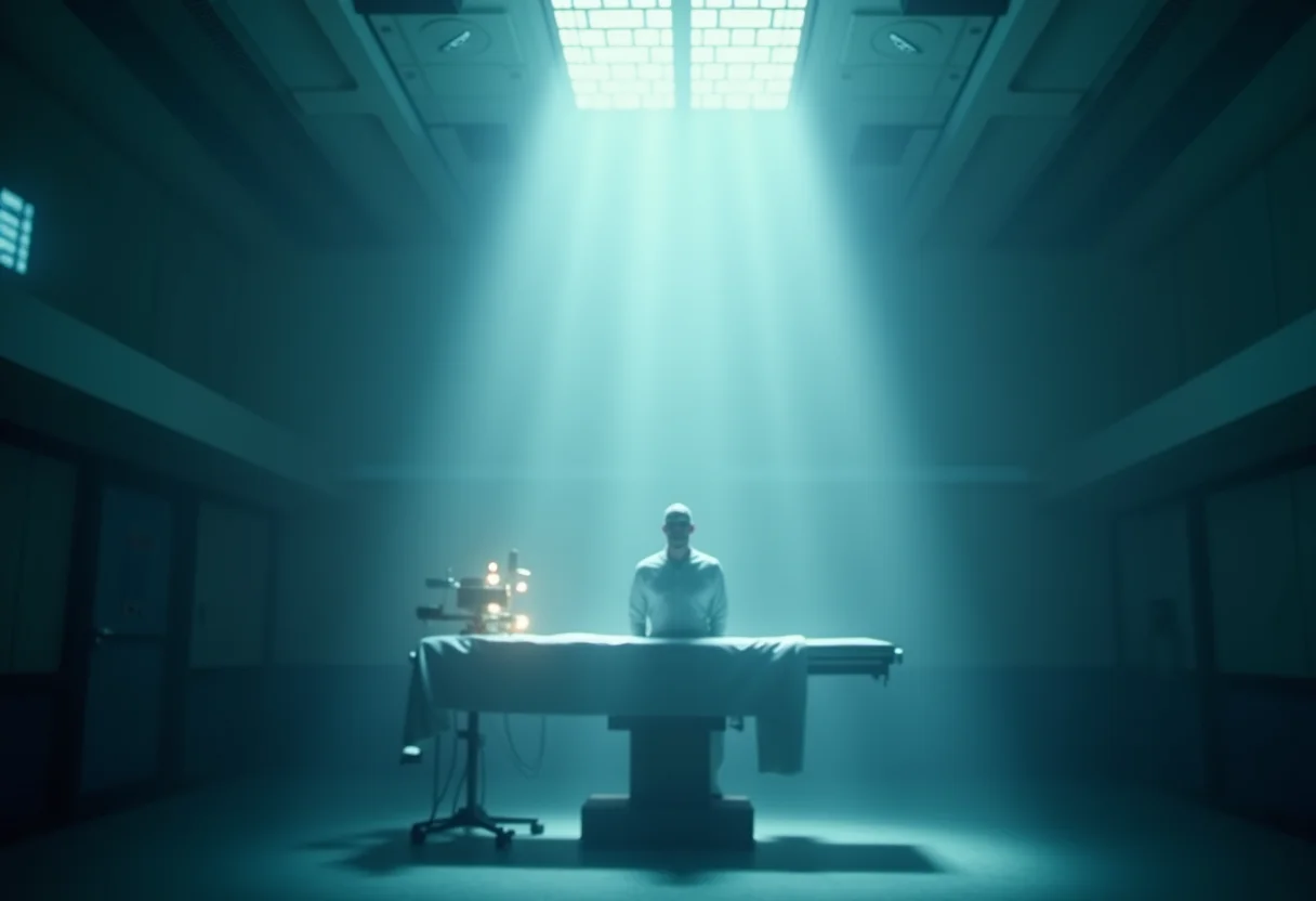 Cena onírica de uma cirurgia espiritual com luz celestial.