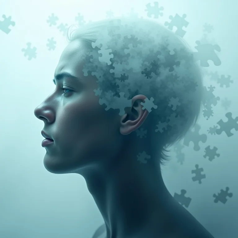 Cérebro nebuloso com peças de quebra-cabeça espalhadas: símbolo de dificuldade de concentração e memória fraca.