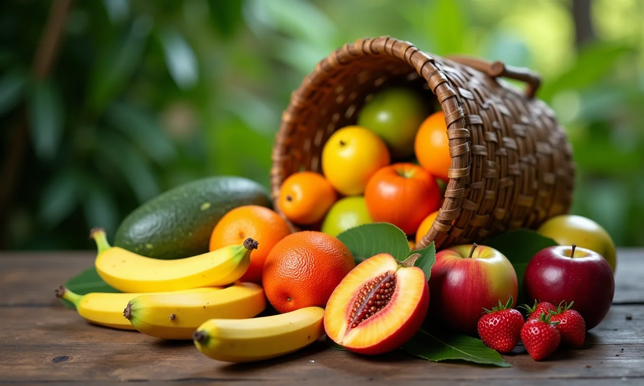 Cesta de frutas tropicais maduras sobre uma mesa rústica.