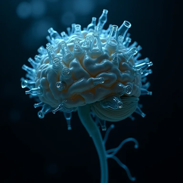 Circuito cerebral emaranhado com garrafas de licor, simbolizando a alteração do sono pelo álcool.