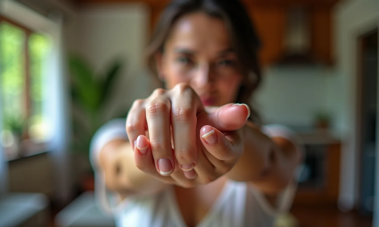 Close-up da mão de uma mulher com uma unha parcialmente desprendida.