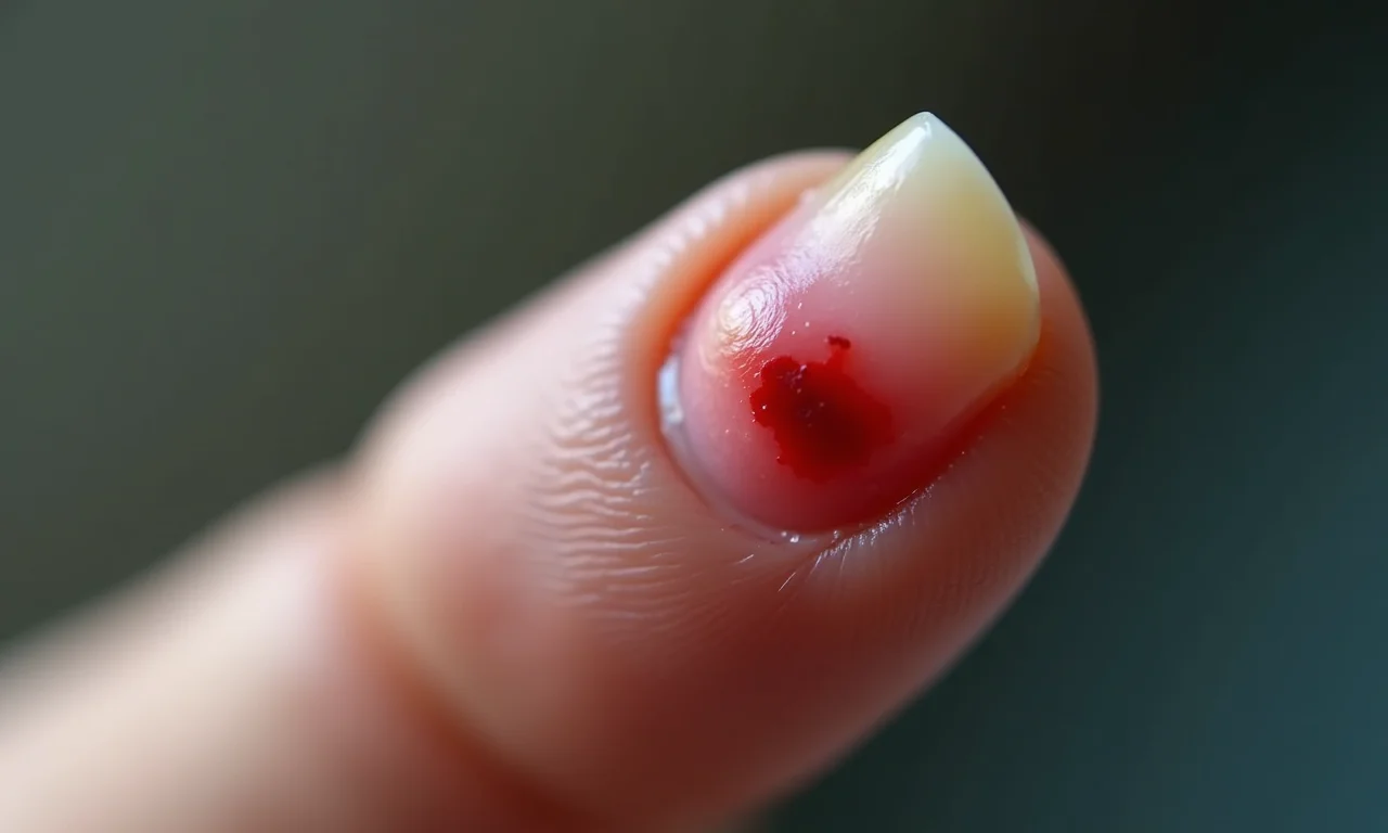 Close-up de um dedo com uma unha desprendida e um pequeno ferimento.