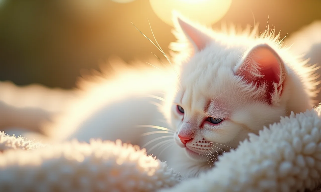 Close-up de um filhote de gato branco fofo sob luz suave, simbolizando pureza.