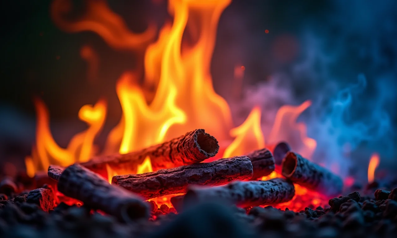 Close-up de uma fogueira com chamas em várias cores (vermelho, laranja, azul).
