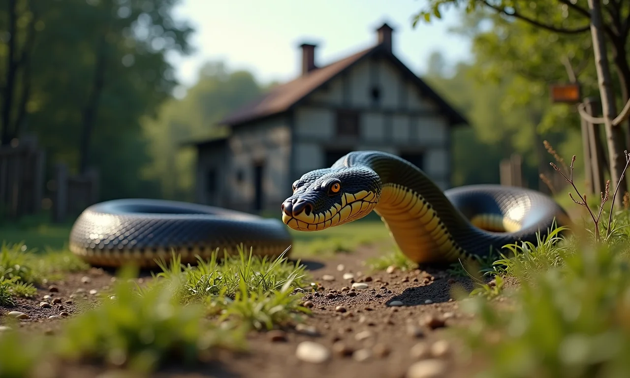 Cobra atacando perto de uma casa antiga, representando perigo em um local específico.