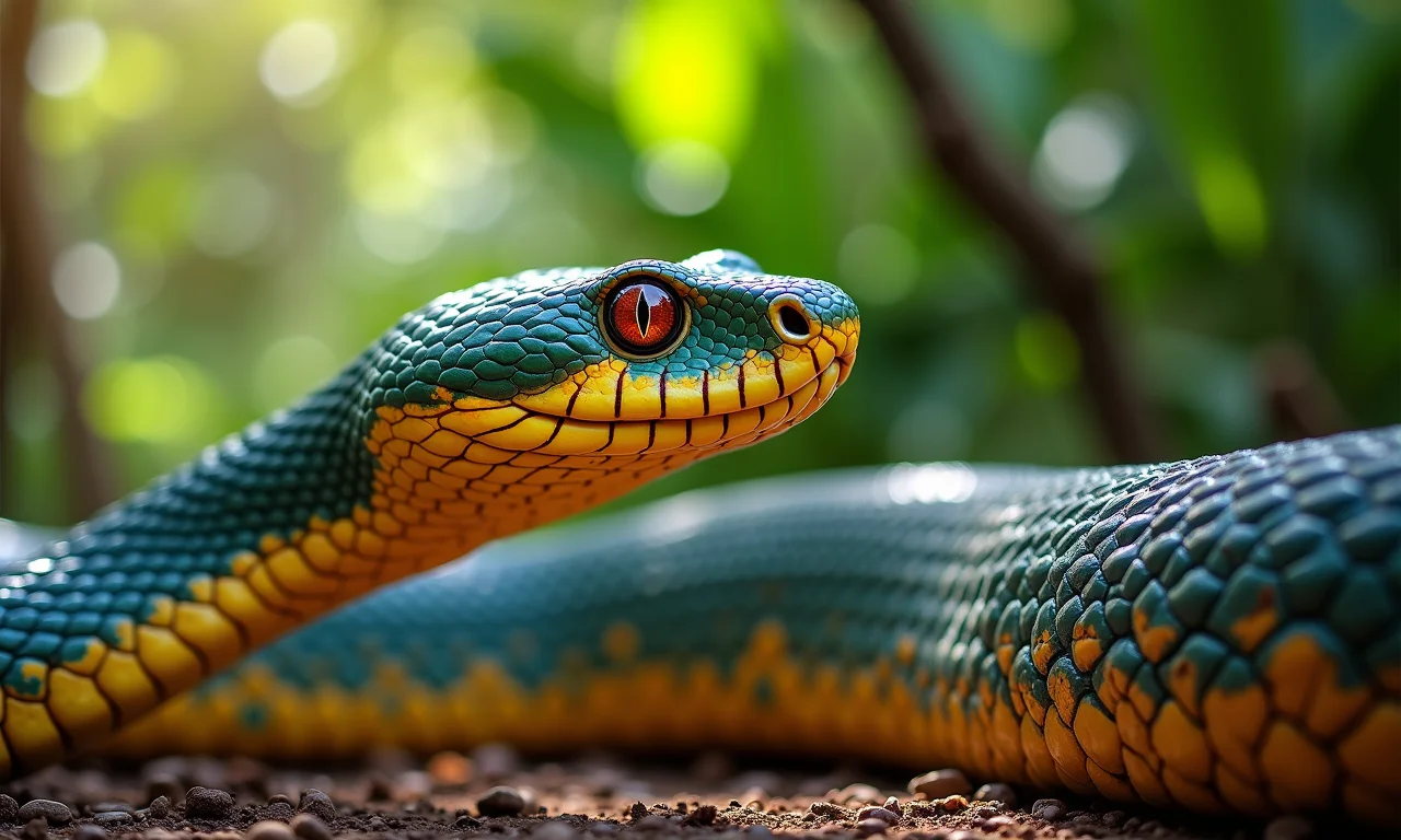 Cobra colorida prestes a atacar em um jardim vibrante, representando perigo em sonhos.