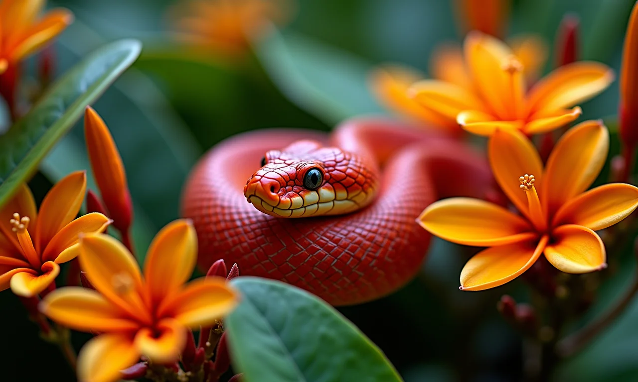 Cobra coral vibrante em meio a flores tropicais, beleza e perigo em sonhos.