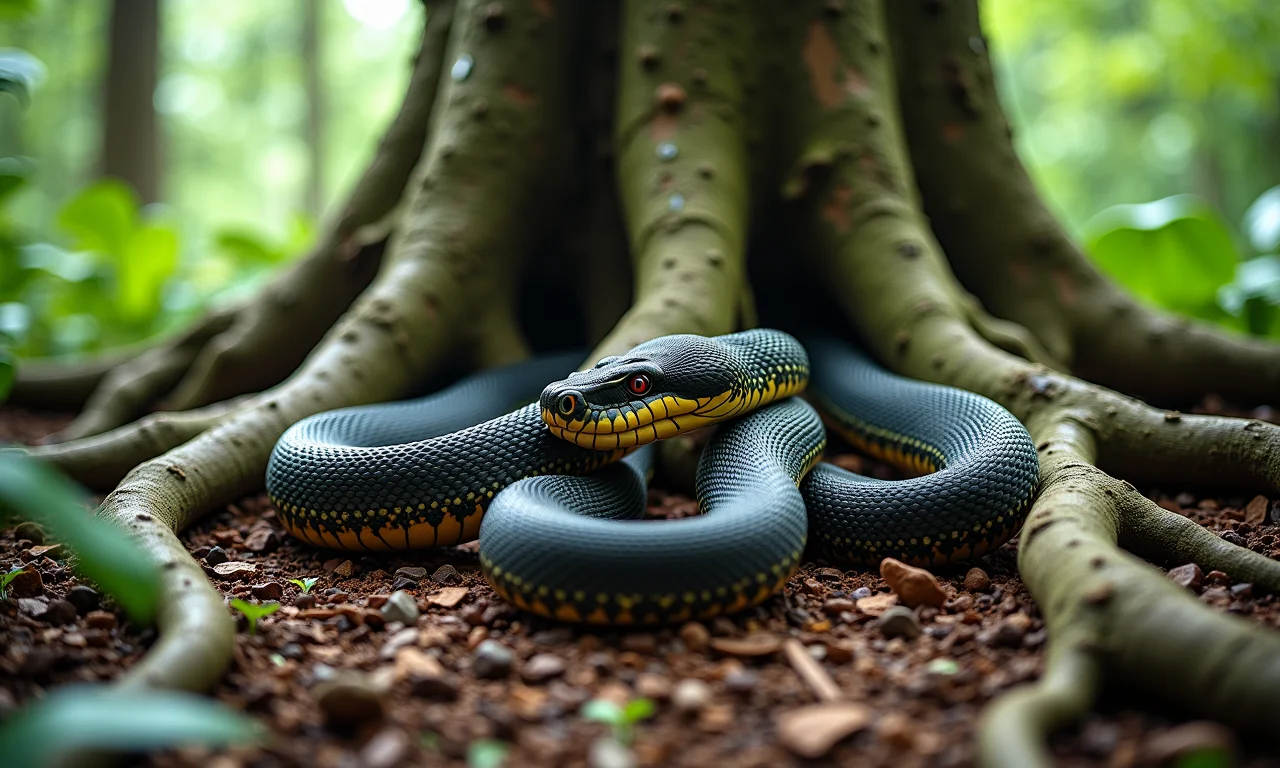 Cobra gigante enrolada em raízes de árvore na Amazônia, representando grandes desafios e obstáculos na vida.