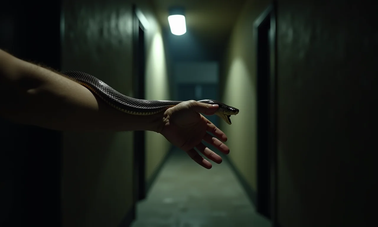 Cobra mordendo o braço de uma pessoa, simbolizando problemas e desafios.