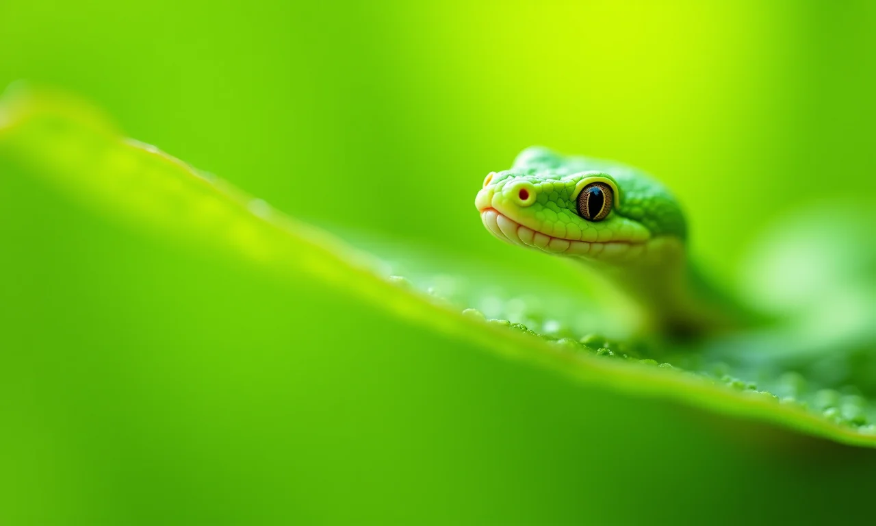 Cobra verde clara em folha, representando otimismo.