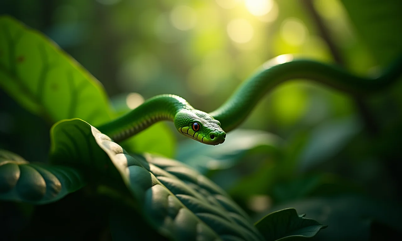 Cobra verde deslizando na floresta tropical brasileira.