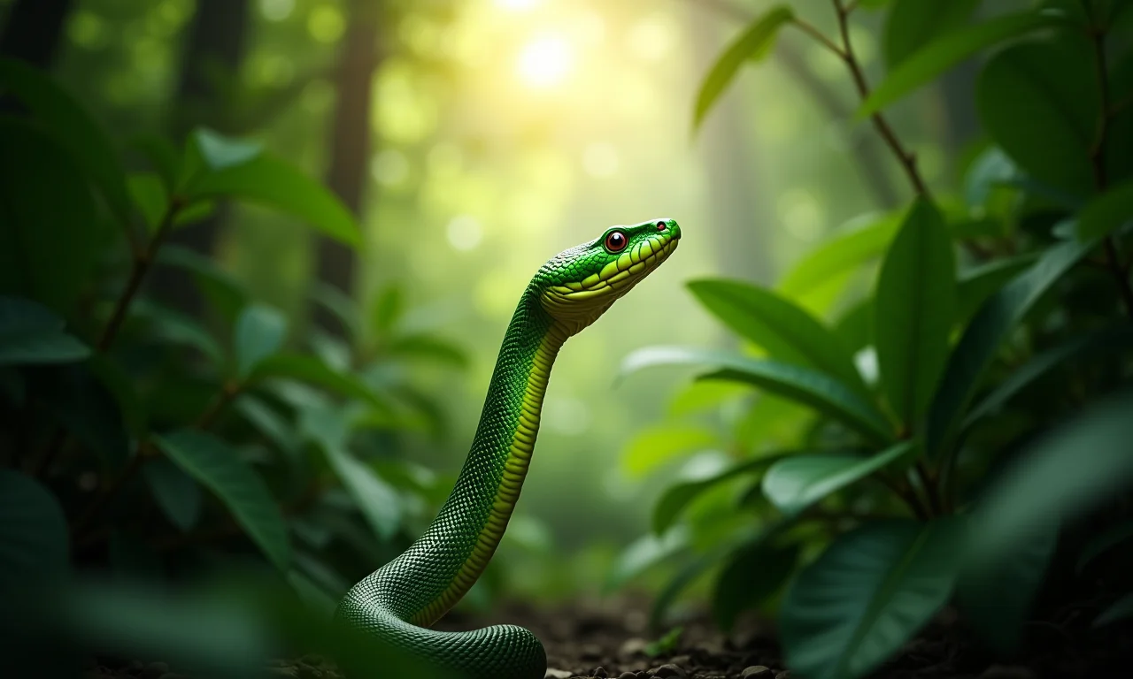 Cobra verde fugindo para a floresta tropical.