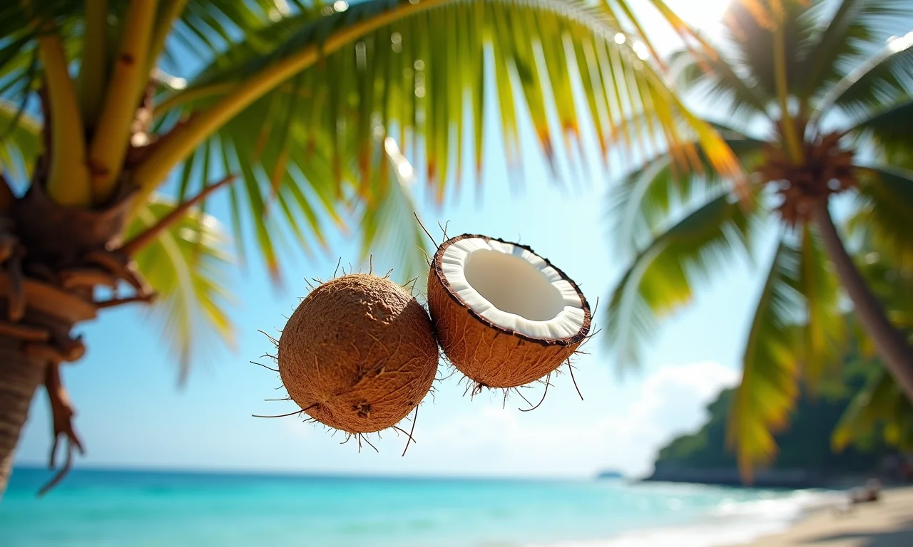 Cocos caindo de uma palmeira em cenário tropical.