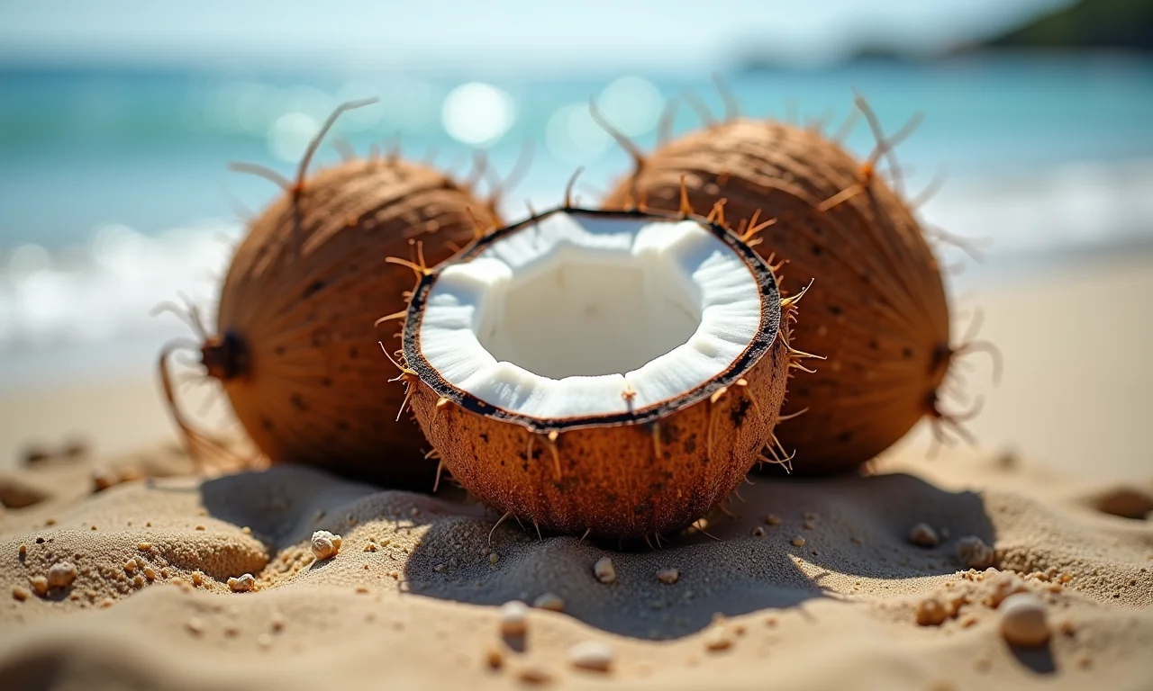 Cocos podres em uma praia arenosa.