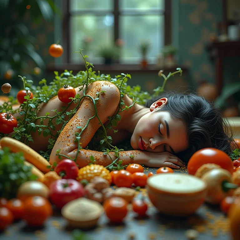 Comida não saudável crescendo como vinhas em volta de uma figura adormecida: símbolo de apetite descontrolado.