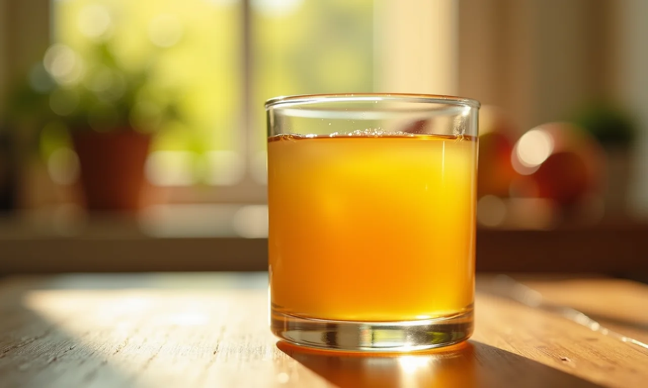 Copo com líquido amarelo escuro sobre mesa de madeira, representando sonho com urina escura.