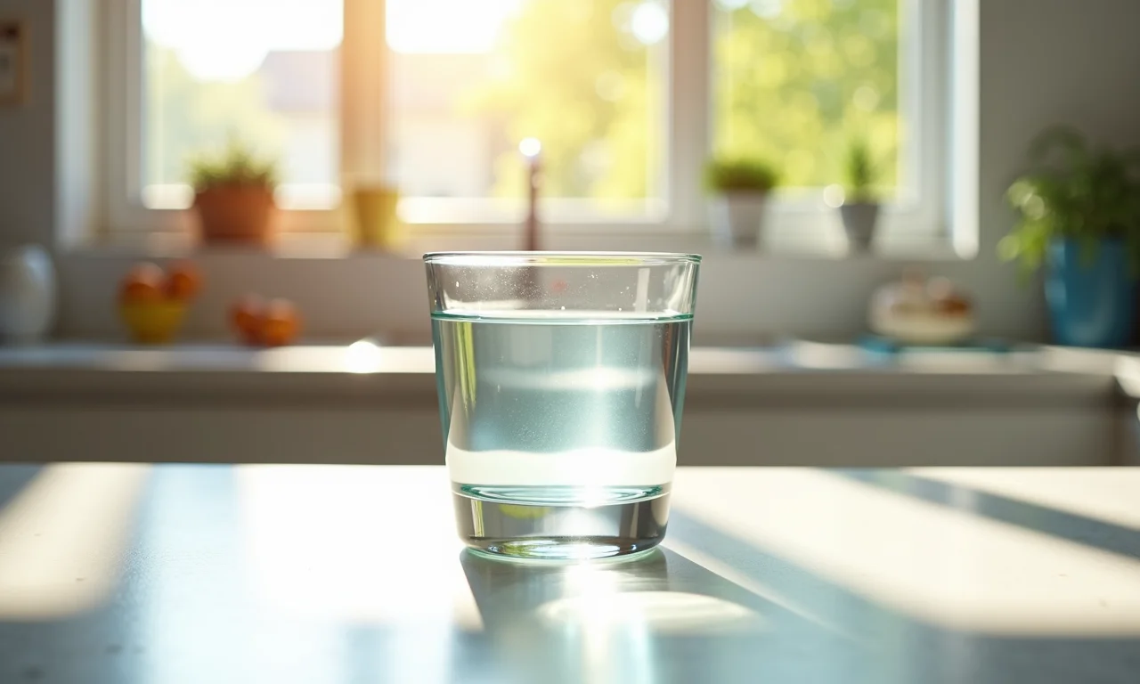 Copo de água cristalina em balcão de cozinha iluminado, representando sonho com urina clara.